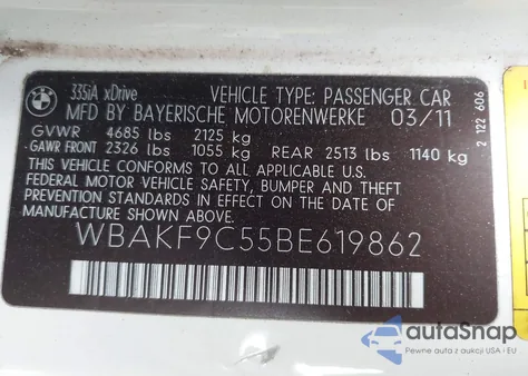 2011 BMW 335I xDrive z USA, uszkodzony, nr VIN WBAKF9C55BE619862